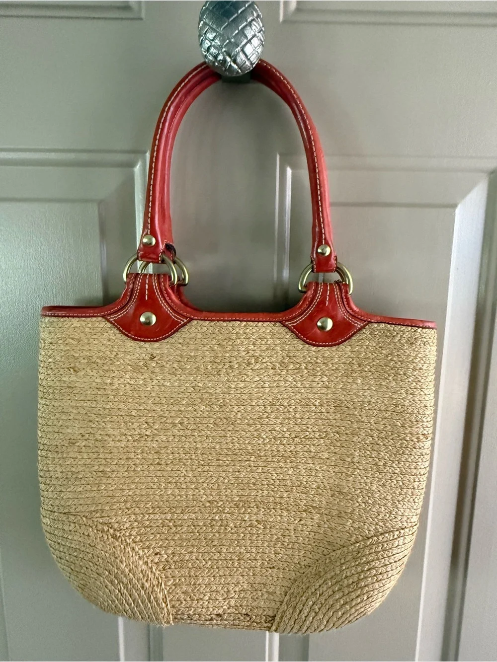 Coach Straw Tote with Red Leather Trim and Floral Applique